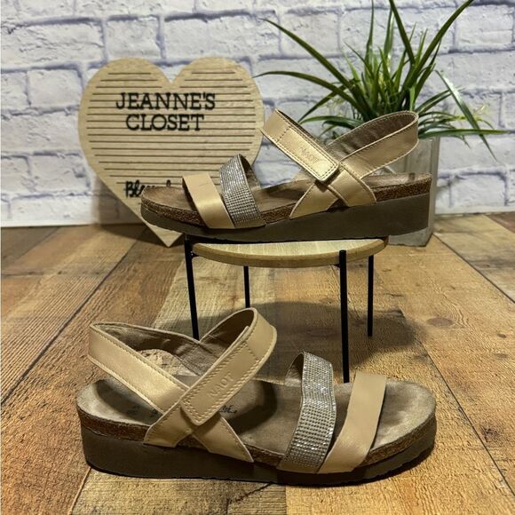 Naot Krista Wedge Strappy Sandal Satin Gold Leather/Beige with Silver Rivets 8 - Picture 1 of 11